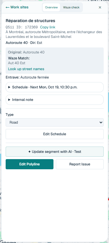 Closure editor for Autoroute 40 east in Montréal, showing the Québec 511 report, Waze street match, schedule controls, and Edit Polyline action.